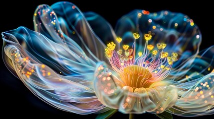 Dynamic wonder of inter-planetary oceans discovering organic flowers alien lifeforms that are equipped with the most advanced technology bioluminescent neon stained glass sculptures background 

