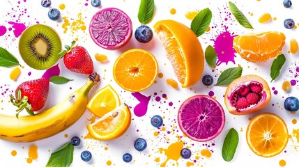 Unnatural bright fruit colors, falling juicy orange pink color with violet leaves, banana blue color, strawberry green color, raspberry yellow color, isolated on white background - obrazy, fototapety, plakaty