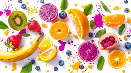 Foto op Plexiglas Unnatural bright fruit colors, falling juicy orange pink color with violet leaves, banana blue color, strawberry green color, raspberry yellow color, isolated on white background © Zahid