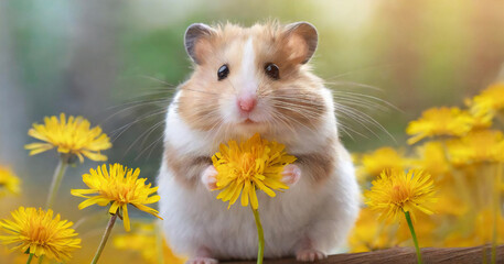 Fototapeta premium Hamster giving flowers
