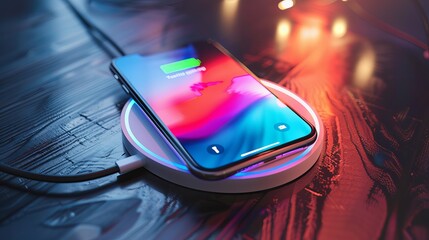 Phone charge. The wireless smart charger is used to charge the battery of a mobile phone. Modern technology, portable fast charger