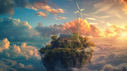 There is an island in a beautiful sky which looks very beautiful, a windmill is running on it, and renewable energy and solar panels are being produced there, .sky island, a fantasy sky-flying island,