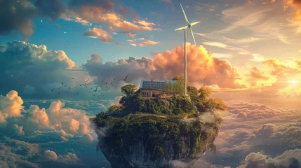 Foto op Plexiglas There is an island in a beautiful sky which looks very beautiful, a windmill is running on it, and renewable energy and solar panels are being produced there, .sky island, a fantasy sky-flying island, © Tilak