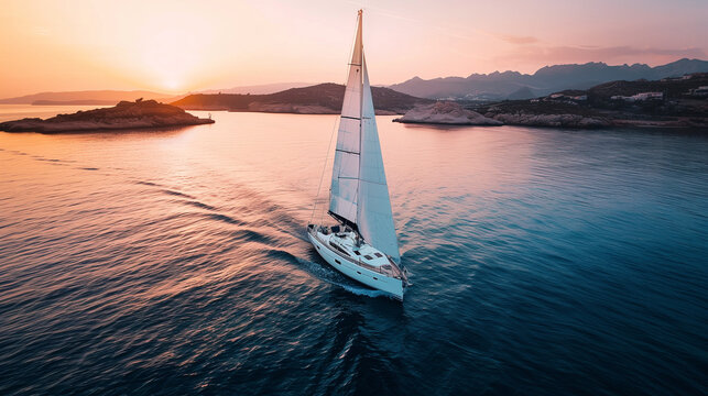professional photo of a sport speed sailing vessel moving fast through the water, excitement, adventure, twilight, view from aerial drone
