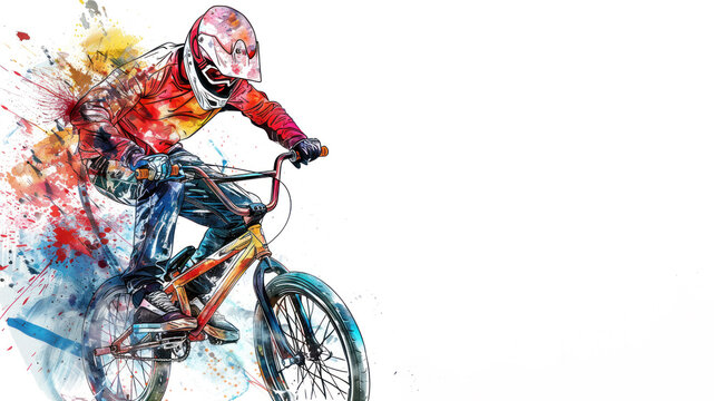 Colorful watercolor painting of BMX bicycle motocross player in action