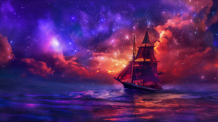 Night sky full of stars, Boat, sailing ship on stormy ocean landscape in purple, red, blue, orange.