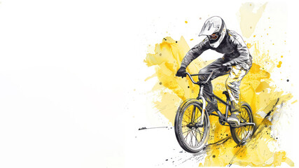 Yellow watercolor painting of BMX bicycle motocross player in action