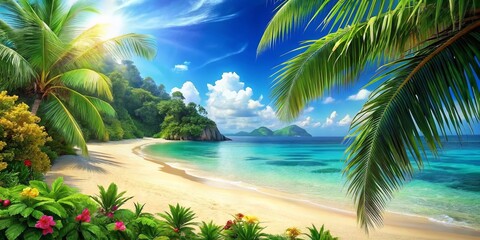 Tropical beach with palm trees and flowers. Seascape. AI generated - obrazy, fototapety, plakaty