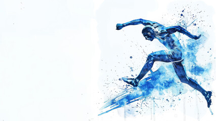 Blue watercolor of athlete doing long jump in athletic game competition