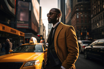 Generative AI image of stylish black businessman in NYC at dusk