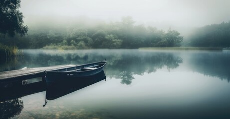 Tranquil Morning: Foggy Lake Landscape - obrazy, fototapety, plakaty
