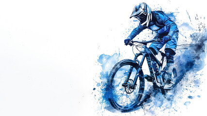 Mountain bike player riding downhill, extreme sport and enduro watercolor