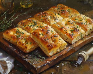 A painting of a platter of freshly baked focaccia bread, sprinkled with herbs and sea salt.
