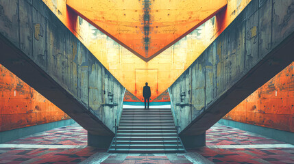 A solitary silhouette stands at the center of a vibrant, symmetrical underpass, with dynamic orange and teal hues creating a strong geometric pattern.
