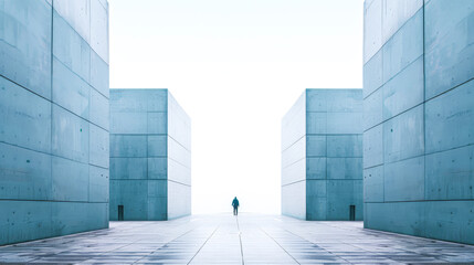 Fototapeta premium A lone individual walks through a minimalist, airy corridor framed by towering walls, evoking a sense of peace and introspection.