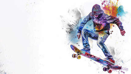 Colorful watercolor of skateboard player in action performing trick