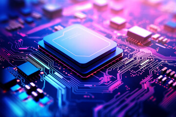 AI generated image of closeup of microchip of computer with blue and purple neon lights