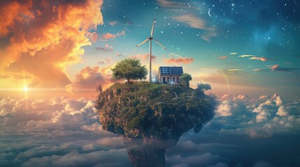 There is an island in a beautiful sky which looks very beautiful, a windmill is running on it, and renewable energy and solar panels are being produced there, .sky island, a fantasy sky-flying island, - obrazy, fototapety, plakaty
