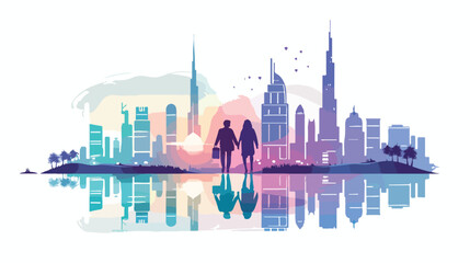 Arab couple walking Dubai modern building cityscape 