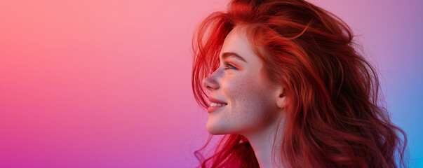 Fototapeta na wymiar Profile of a smiling woman with vibrant hair color.