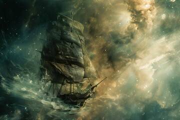ghost ship with torn sail is sailing on a space