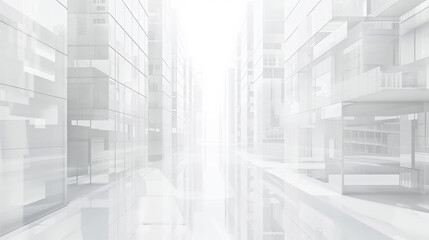 3D render of abstract background with white grid and glass buildings. 