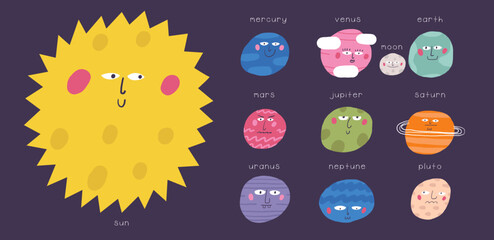 Cute space funny hand drawn doodle solar system planets, Mercury, Venus, Earth, Mars, Jupiter, Saturn, Uranus, Neptune, Pluto. Cosmic, universe night sky cover template banner poster © nadineveresk