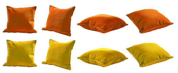 2 Collection set of yellow orange mustard blank cushion pillow cover, front side lying view on transparent cutout, PNG file. Many angle. Mockup template for design