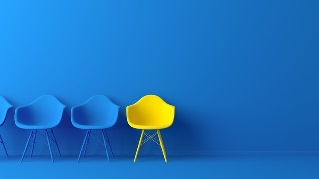 Abstract background. Outstanding yellow chair on blue background. Business, success, leader, recruit concept. 3d rendering