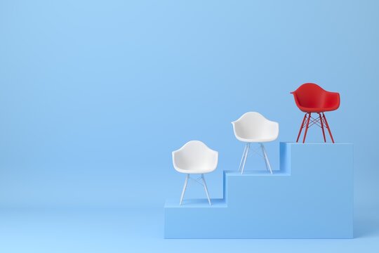 Abstract background. Outstanding red chair on blue background. Business, success, leader, recruit concept. 3d rendering