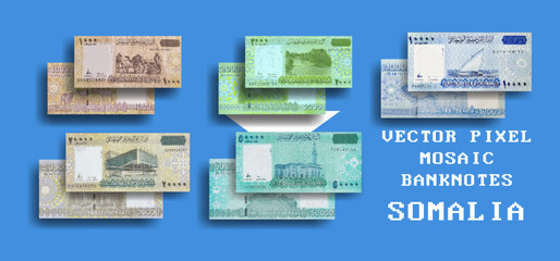 Vector set of pixel mosaic banknotes of Somalia. Collection of notes in denominations of 1000, 2000, 10000, 20000 and 50000 Somali shillings. Obverse and reverse. Play money or flyers.