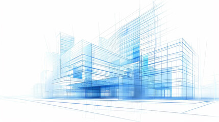 Abstract architectural design with blue lines and glass buildings on a white background.