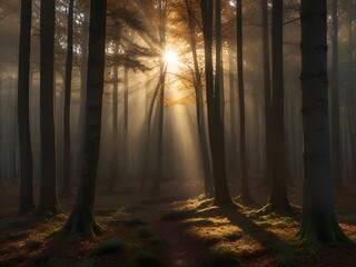 Misty sunlight filters through the trees in a morning forest landscape