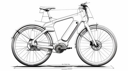 futuristic simple design of an E-Bike, clean linear design black and white, blueprints, white background