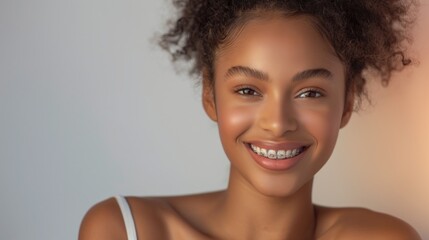 Young smiling girl with metal braces on her teeth.