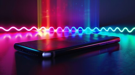 Smartphone with a vibrant background, neon sound effects, a notion of music and entertainment, and a copy area that is empty