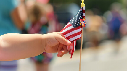 A heartwarming image of a small child's hand, gripping a tiny American flag, waving it with innocent enthusiasm at a Fourth of July parade, embodying the spirit of national pride from a young age.