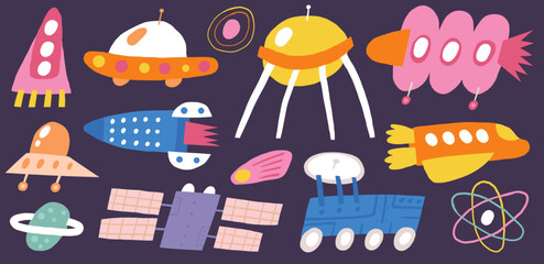 Cute cosmos, space, universe transportation set. Funny hand drawn doodle aircraft, vehicle, spacecraft, galaxy, technology, spaceship, ufo Night sky theme background © nadineveresk