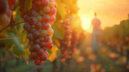 Sunlit clusters of ripe grapes in a vineyard with a blurred vigneron in the background. - obrazy, fototapety, plakaty
