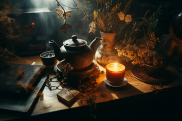 Tea ceremony with a teapot and a candle 300 DPI