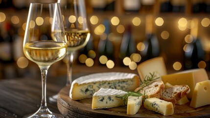 A selection of fine cheeses paired with a glass of white wine, set against a backdrop of wine bottles.
