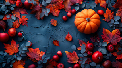 Thanksgiving and Autumn decoration concept made from autumn leaves and pumpkin on dark background. Flat lay, top view with copy space.