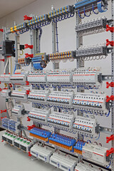 An electric switchboard with modules for protection and control of electrical loads, mounted on din...
