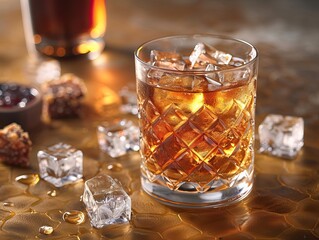 Whiskey glass with ice on a textured golden surface