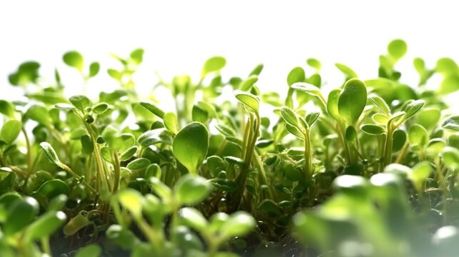 Close-up of young green seedlings on white background, selective focus