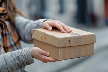 Deliveryman accepts hand-woman delivery in a box. Generative Ai
