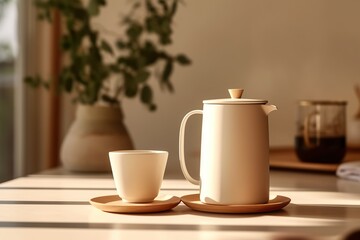 Obraz na płótnie Canvas A minimalist scene featuring a ceramic coffee mug and a French press, with the focus on the brewing process Generative AI