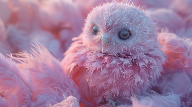 Fluffy Pink Owl Among Soft Feathers