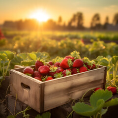 Strawberries harvested in a wooden box in a field with sunset. Natural organic fruit abundance. Agriculture, healthy and natural food concept. Square composition.