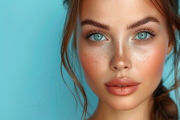 Fototapeta premium Stunning Woman with Blue Eyes and Freckles Close-up